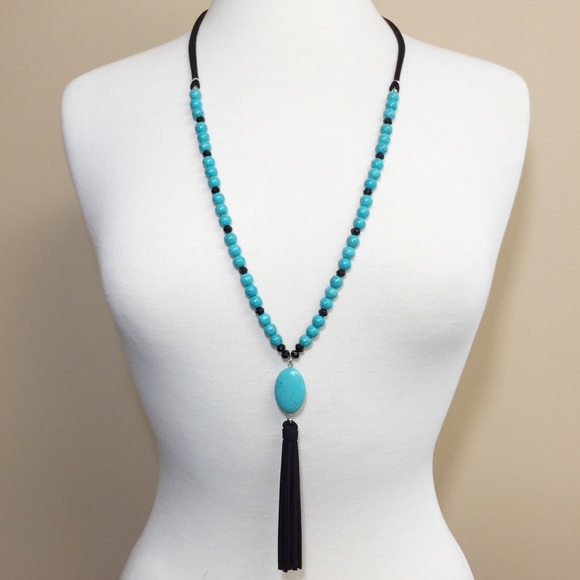Long Turquoise Stone Black Tassel Necklace Set - Picture 3 of 3